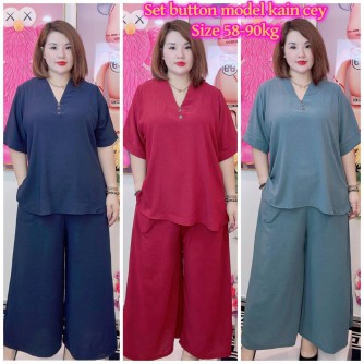 SET PLAIN WITH BUTTON, SELUAR PANJANG MATERIAL HEAVY CEY