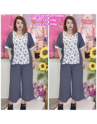 Set Plazo Panjang Kain Cey Bunga dan Plain Ironless